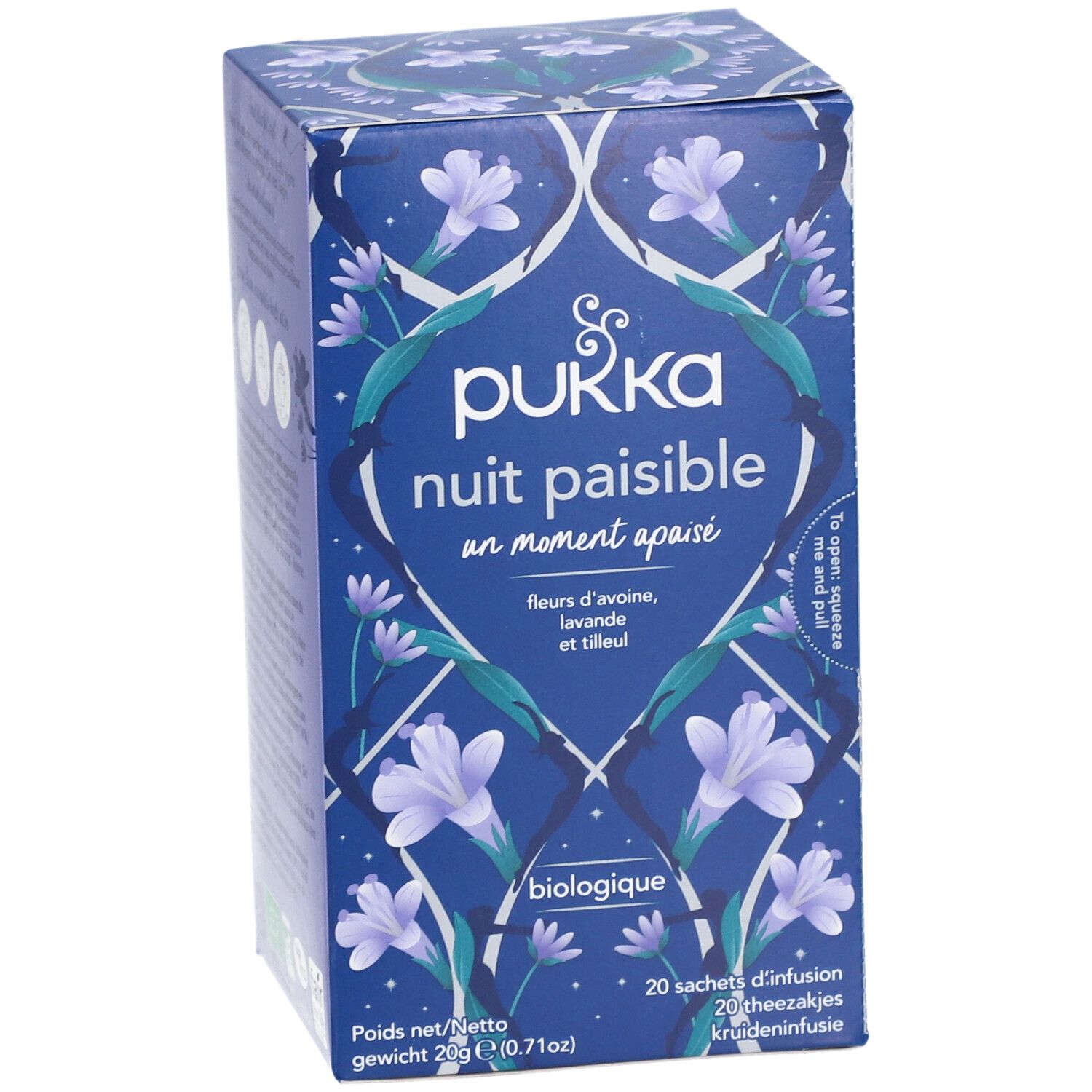 Boîte bleu-violet avec logo Pukka et texte. Contient 20 sachets de thé. Certification biologique.