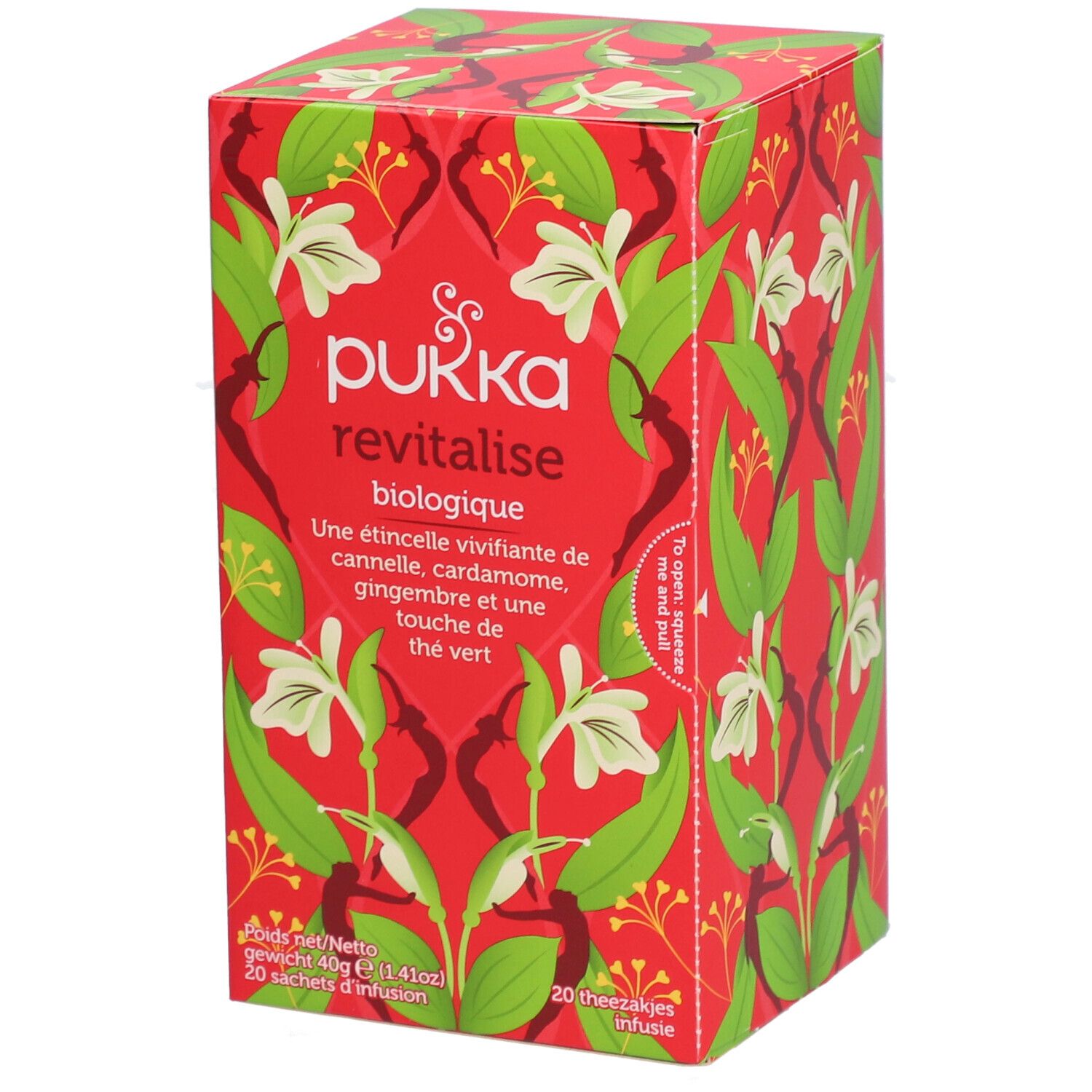 Boîte rouge Pukka Revitalise, biologique. Motif floral. Inscription : Une étincelle vivifiante. 20 sachets.