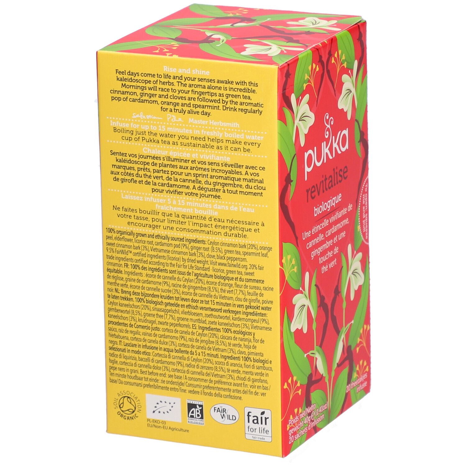 Boîte rouge Pukka Revitalise, biologique. Texte et liste d'ingrédients. Motif floral. Label bio.