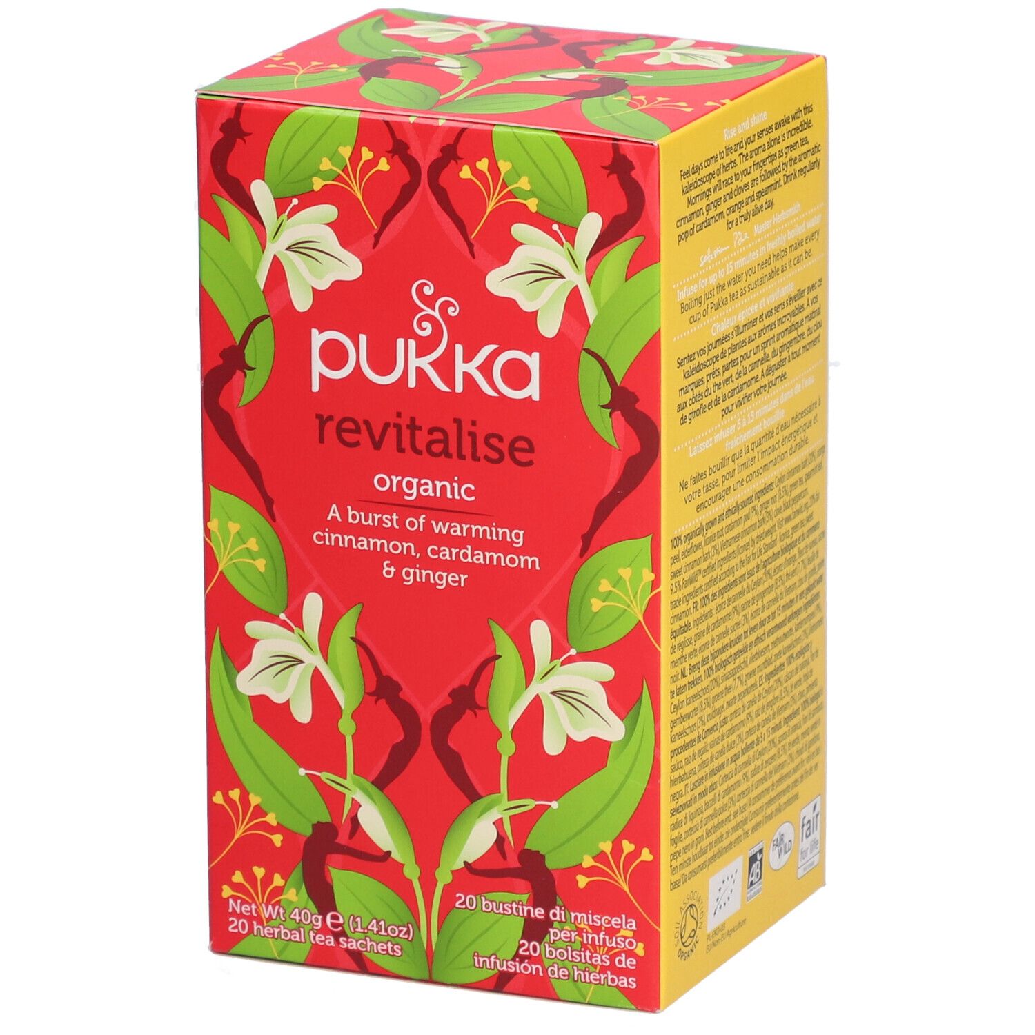 Boîte rouge Pukka Revitalise, organic. Inscription : A burst of warming cinnamon, cardamom & ginger. 20 sachets.