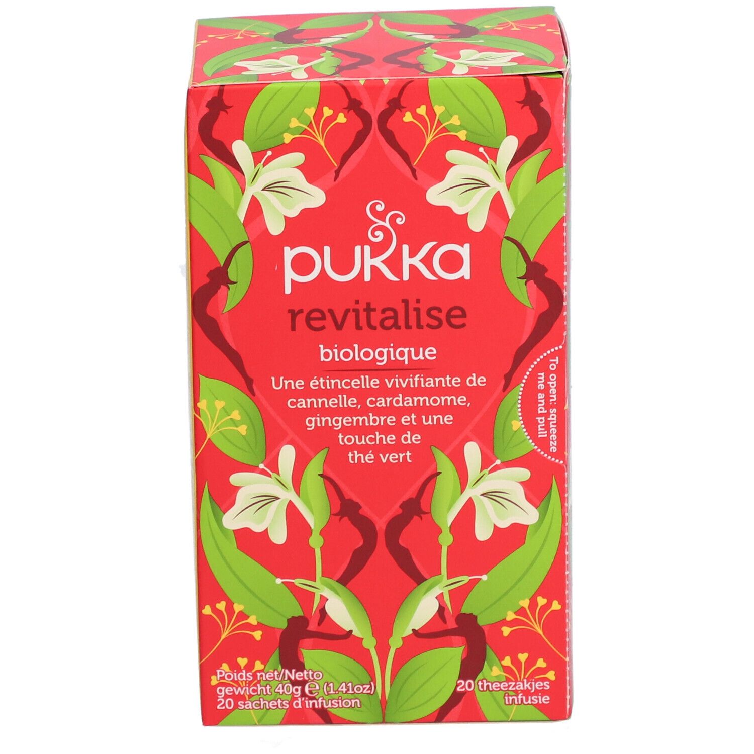 Boîte rouge Pukka Revitalise, biologique. Inscription : Une étincelle vivifiante. 20 sachets.