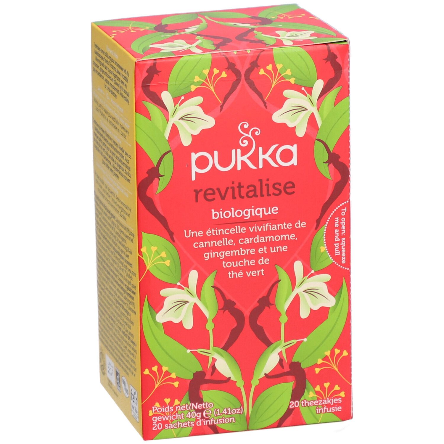 Boîte rouge Pukka Revitalise, biologique. Inscription : Une étincelle vivifiante. 20 sachets.