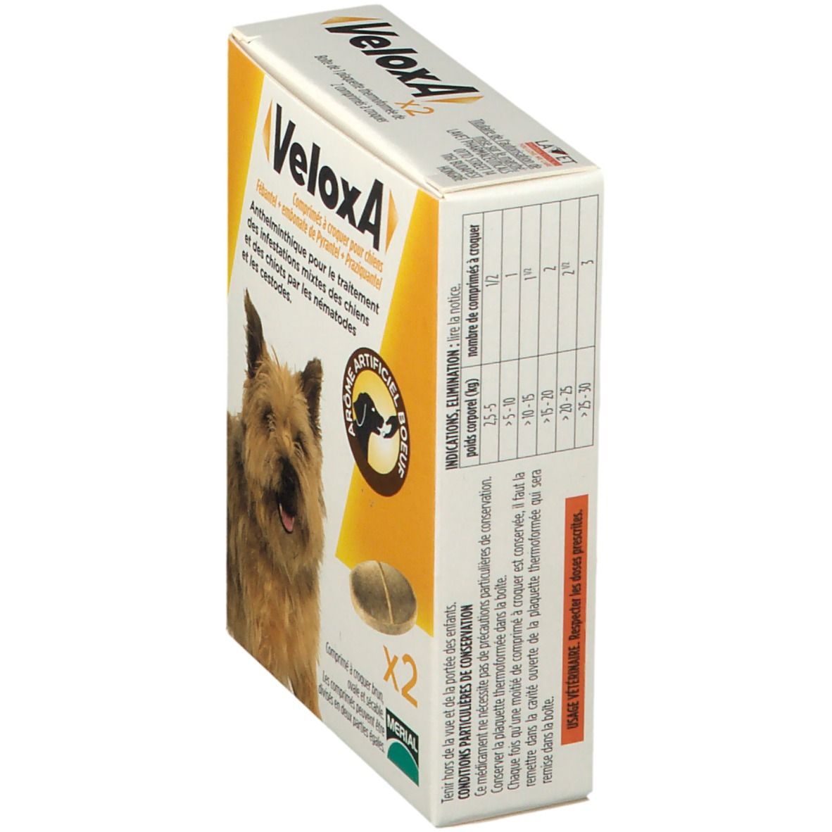 Boîte de VeloxA, comprimés pour chiens. Inscription: VeloxA, chien, texte. Dos avec tableau de dosage et ingrédients.