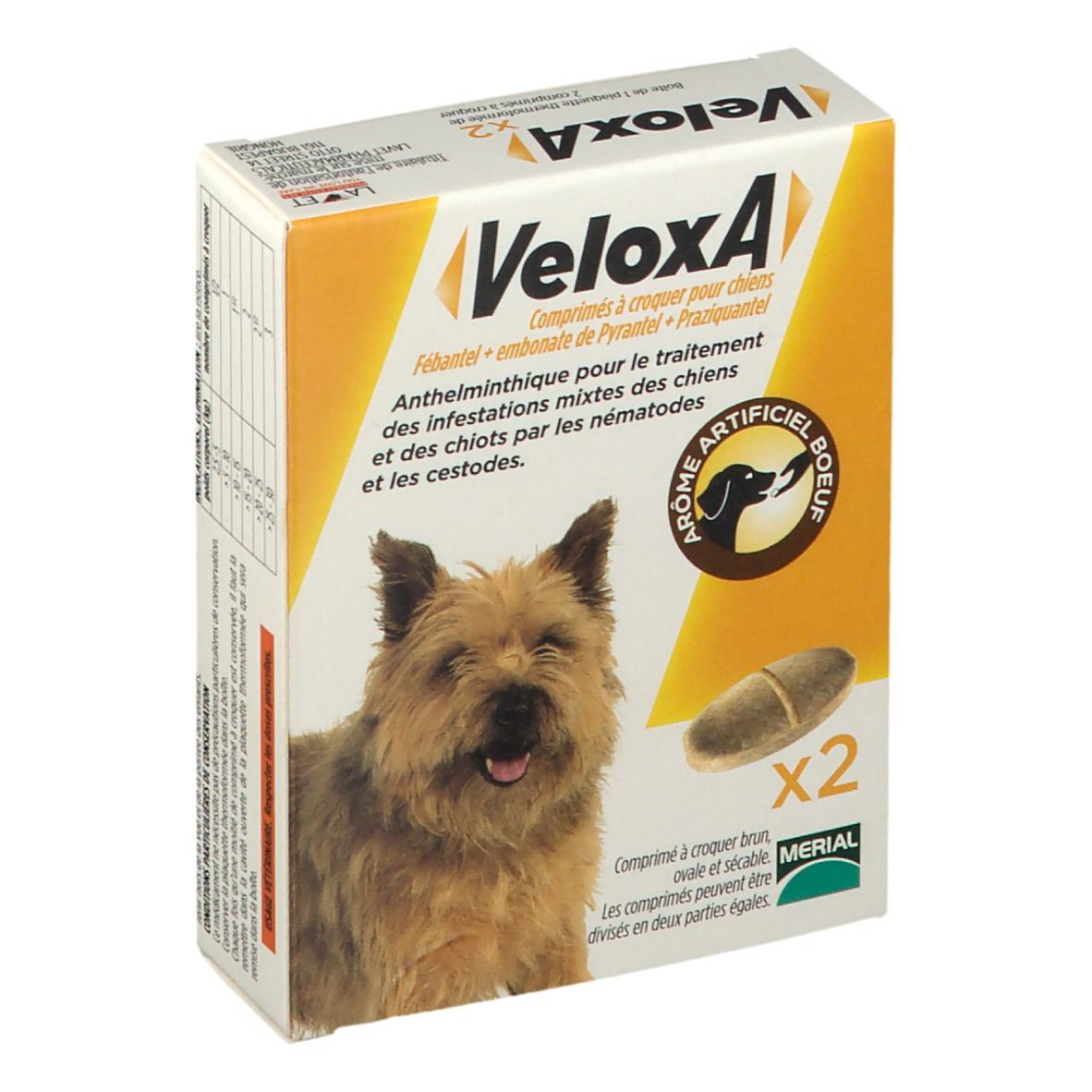 Boîte de VeloxA, comprimés à croquer pour chiens. Inscription: VeloxA, chien, 2 comprimés, texte. Arôme artificiel boeuf.