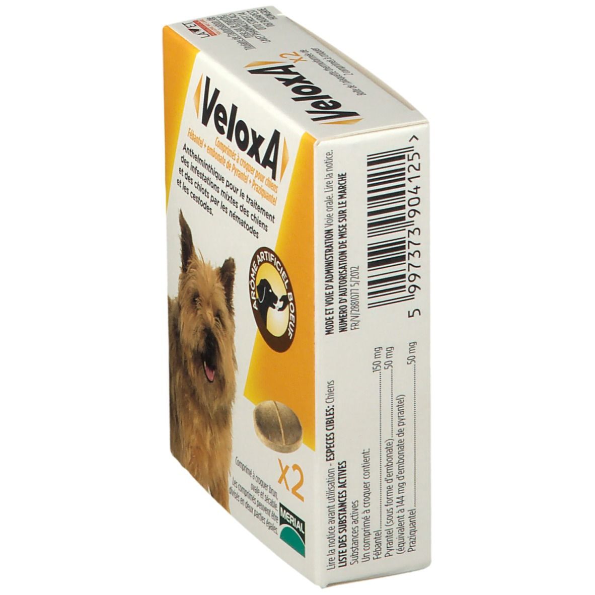 Boîte de VeloxA, comprimés pour chiens. Inscription: VeloxA, chien, texte. Dos avec tableau de dosage et ingrédients.