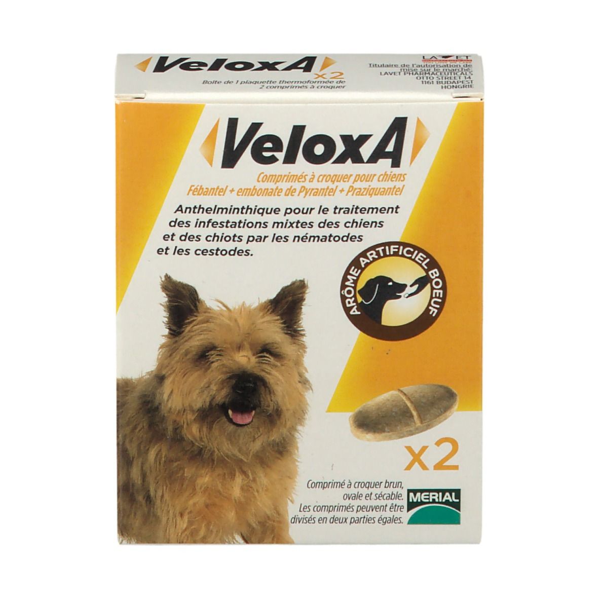 Boîte de VeloxA, comprimés à croquer pour chiens. Inscription: VeloxA, chien, 2 comprimés, texte. Arôme artificiel boeuf.