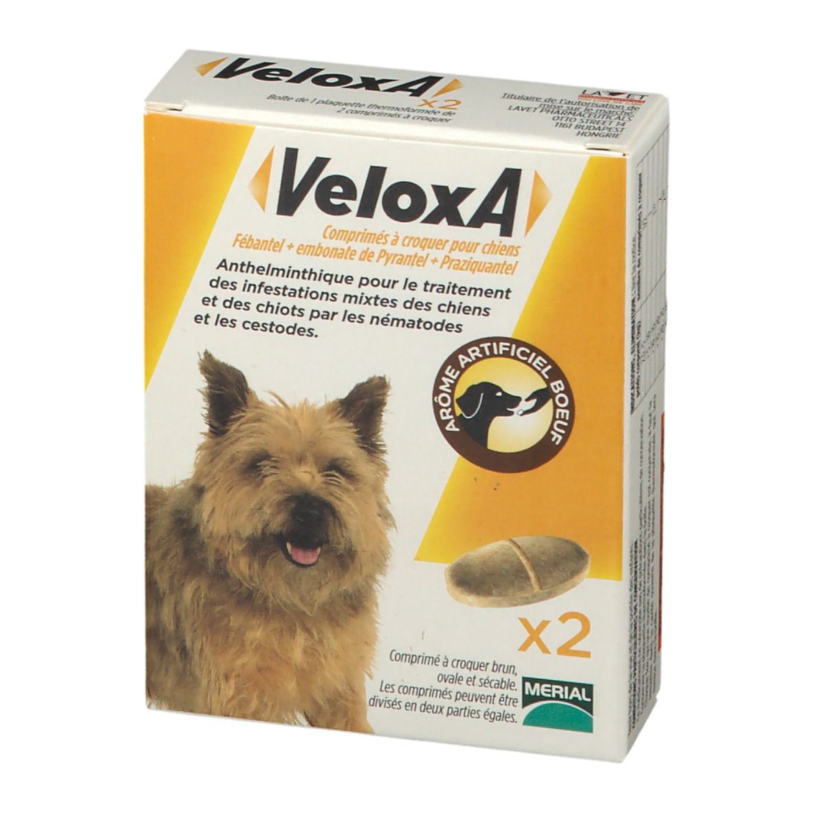 Boîte de VeloxA, comprimés à croquer pour chiens. Inscription: VeloxA, chien, 2 comprimés, texte. Arôme artificiel boeuf.
