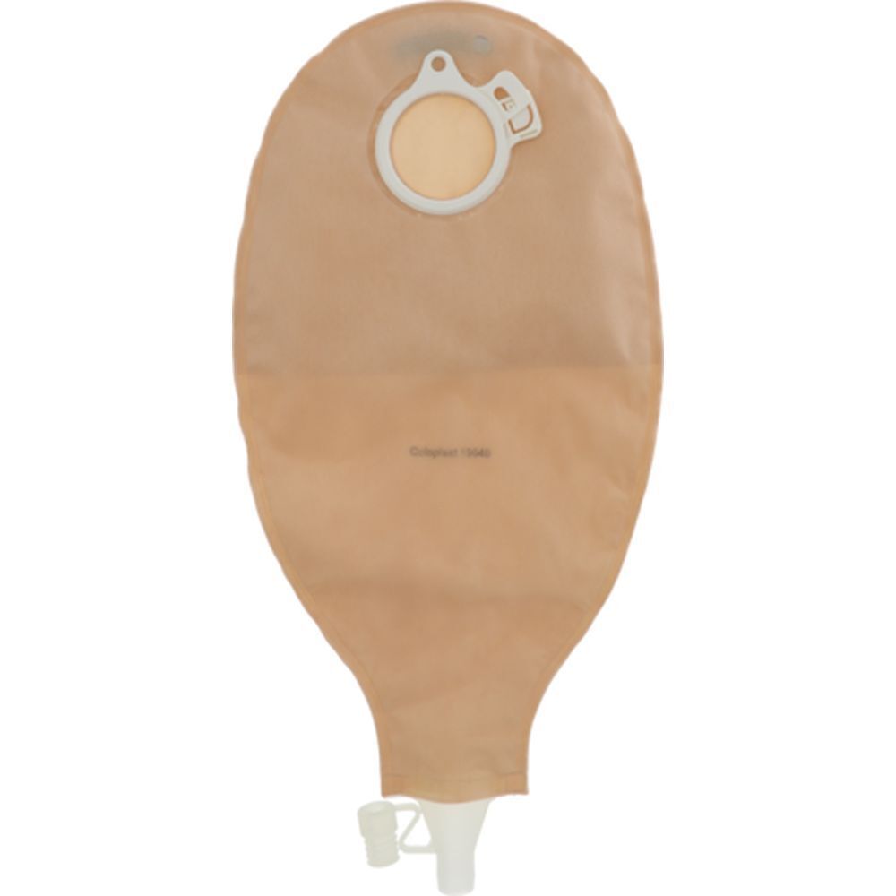Poche beige, anneau blanc et fermeture. Sortie en bas. Opaque.