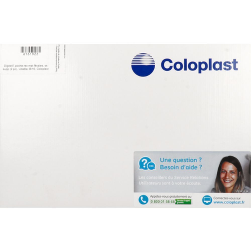 Emballage blanc avec logo Coloplast. Texte : 'Une question ? Besoin d'aide ?' et coordonnées.