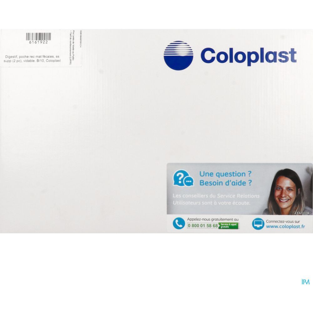 Emballage blanc avec logo Coloplast. Texte : 'Une question ? Besoin d'aide ?' et coordonnées.