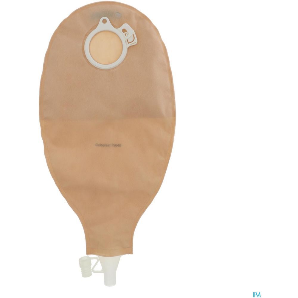 Poche beige avec anneau et fermeture blancs. Sortie en bas. Opaque.
