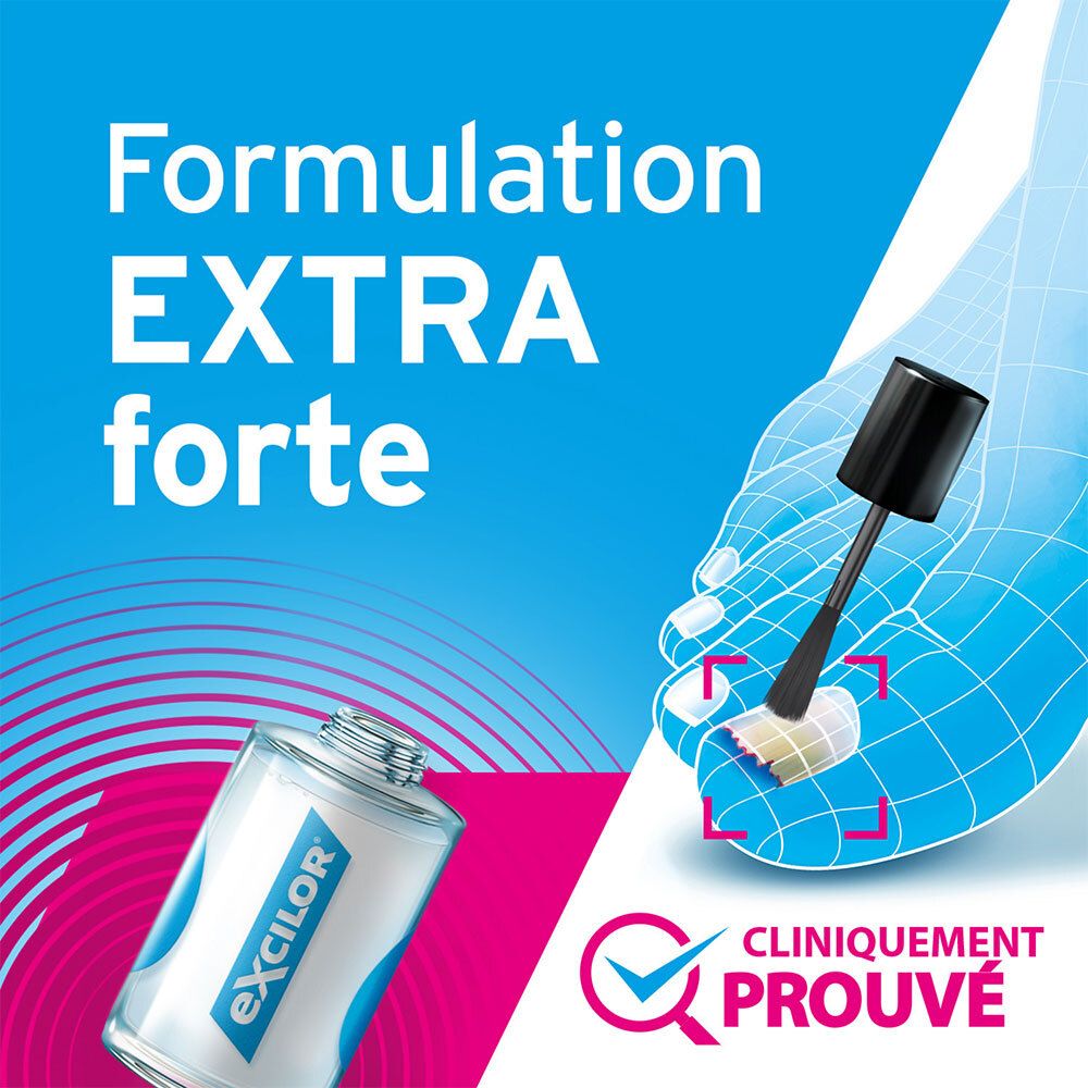 Flacon de produit et illustration. Texte : Formulation EXTRA forte. Cliniquement prouvé. Bleu et blanc.