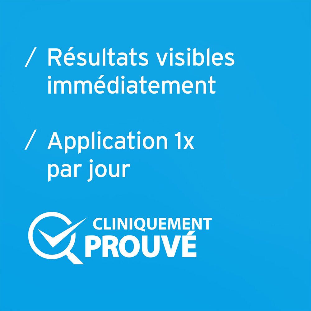 Texte : Résultats visibles immédiatement. Application 1x par jour. Cliniquement prouvé. Bleu et blanc.