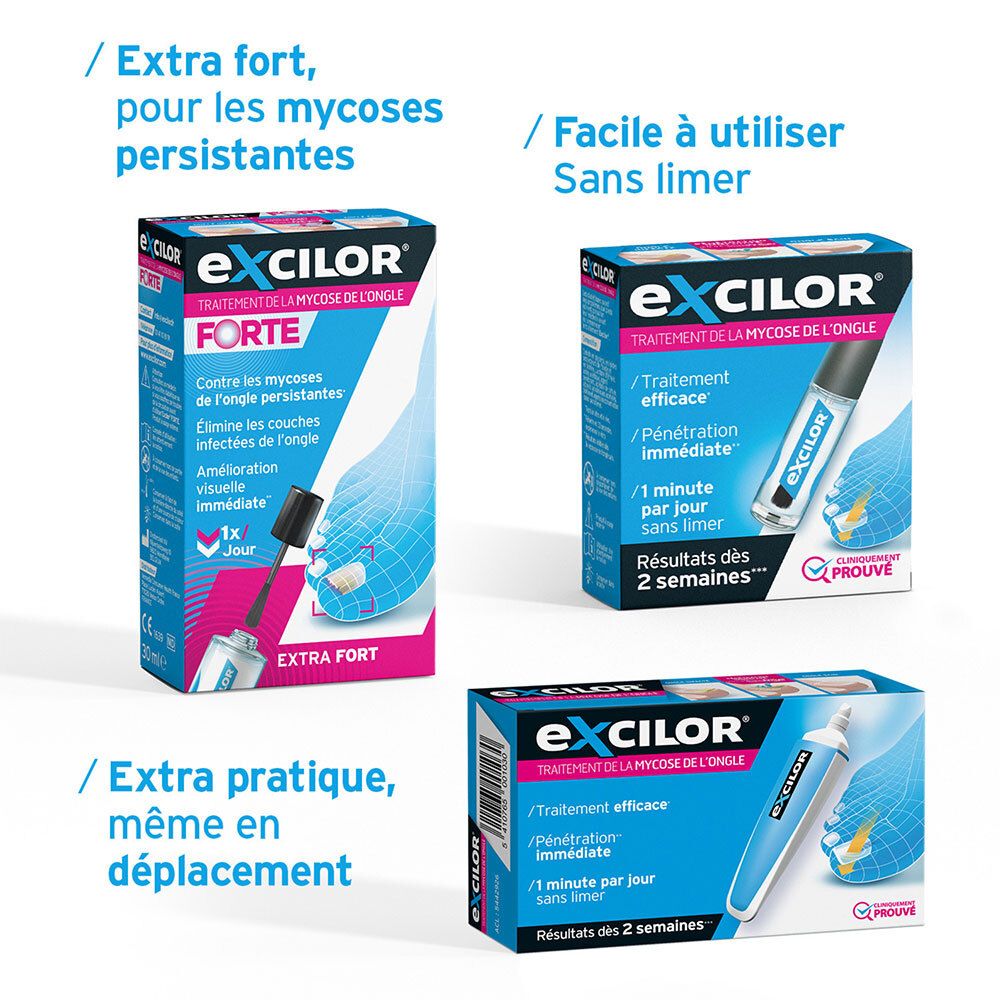 Trois emballages de produits. Texte : Extra fort, même contre les mycoses persistantes. Facile à utiliser. Extra pratique.