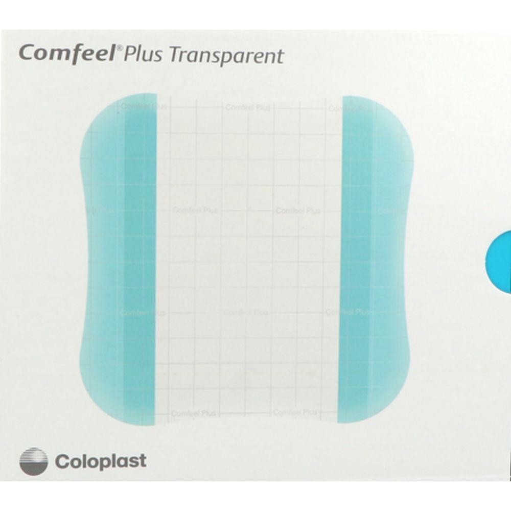 Pansement hydrocolloïde transparent. Forme rectangulaire aux coins arrondis. Marque: Coloplast. Nom: Comfeel Plus Transparent.