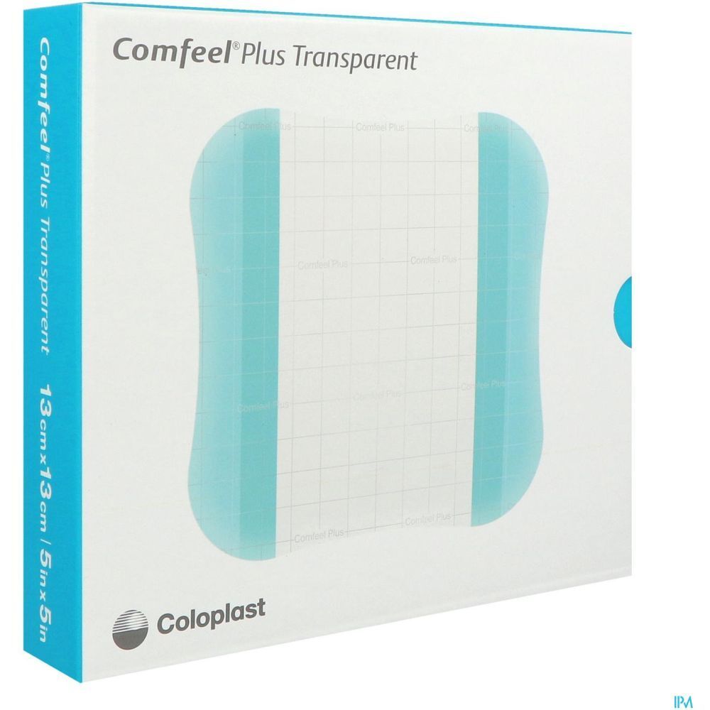 Boîte de Comfeel Plus Transparent. Boîte rectangulaire avec pansement. Taille: 13cm x 13cm. Marque: Coloplast. Nom du produit visible.