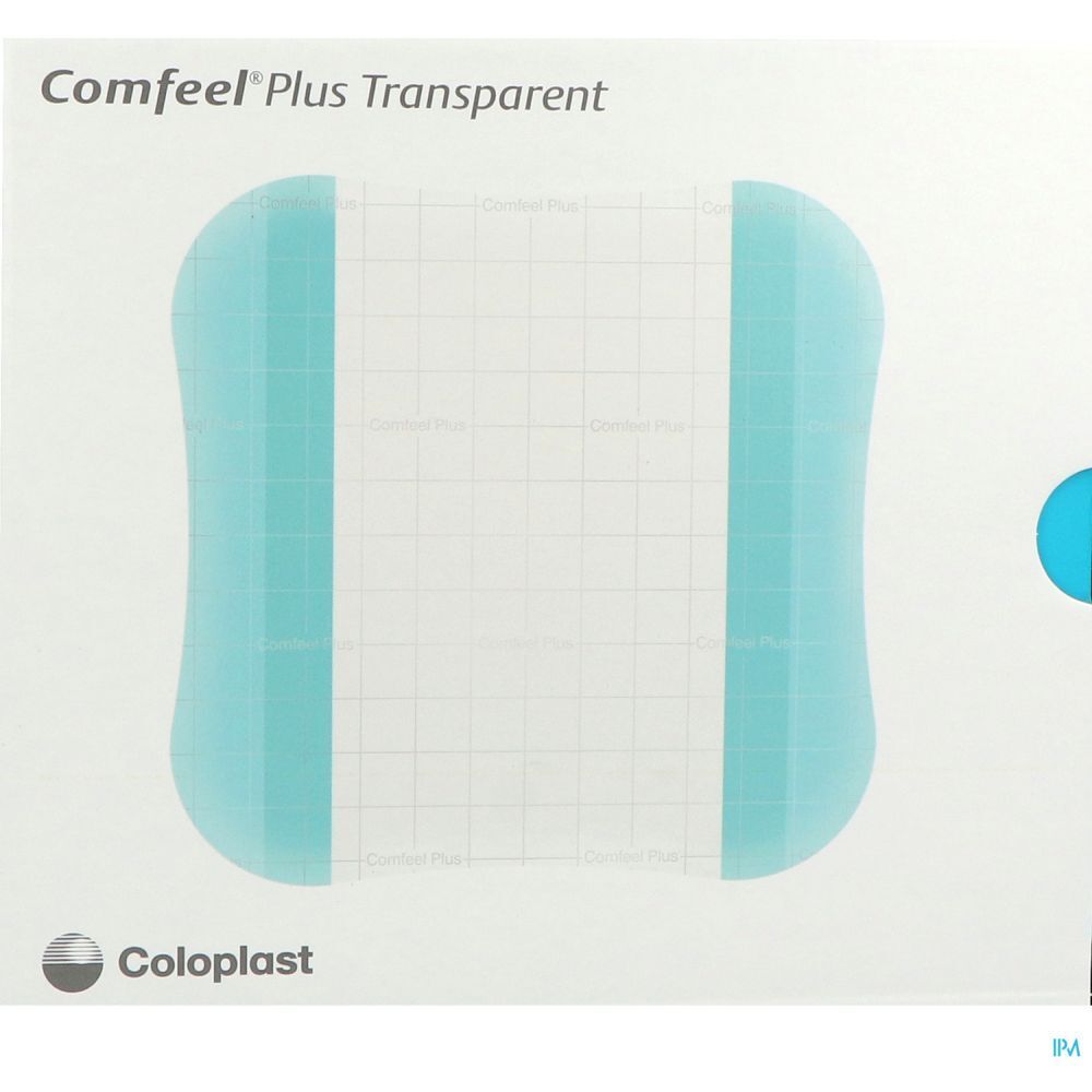 Pansement hydrocolloïde transparent. Forme rectangulaire aux coins arrondis. Marque: Coloplast. Nom: Comfeel Plus Transparent.