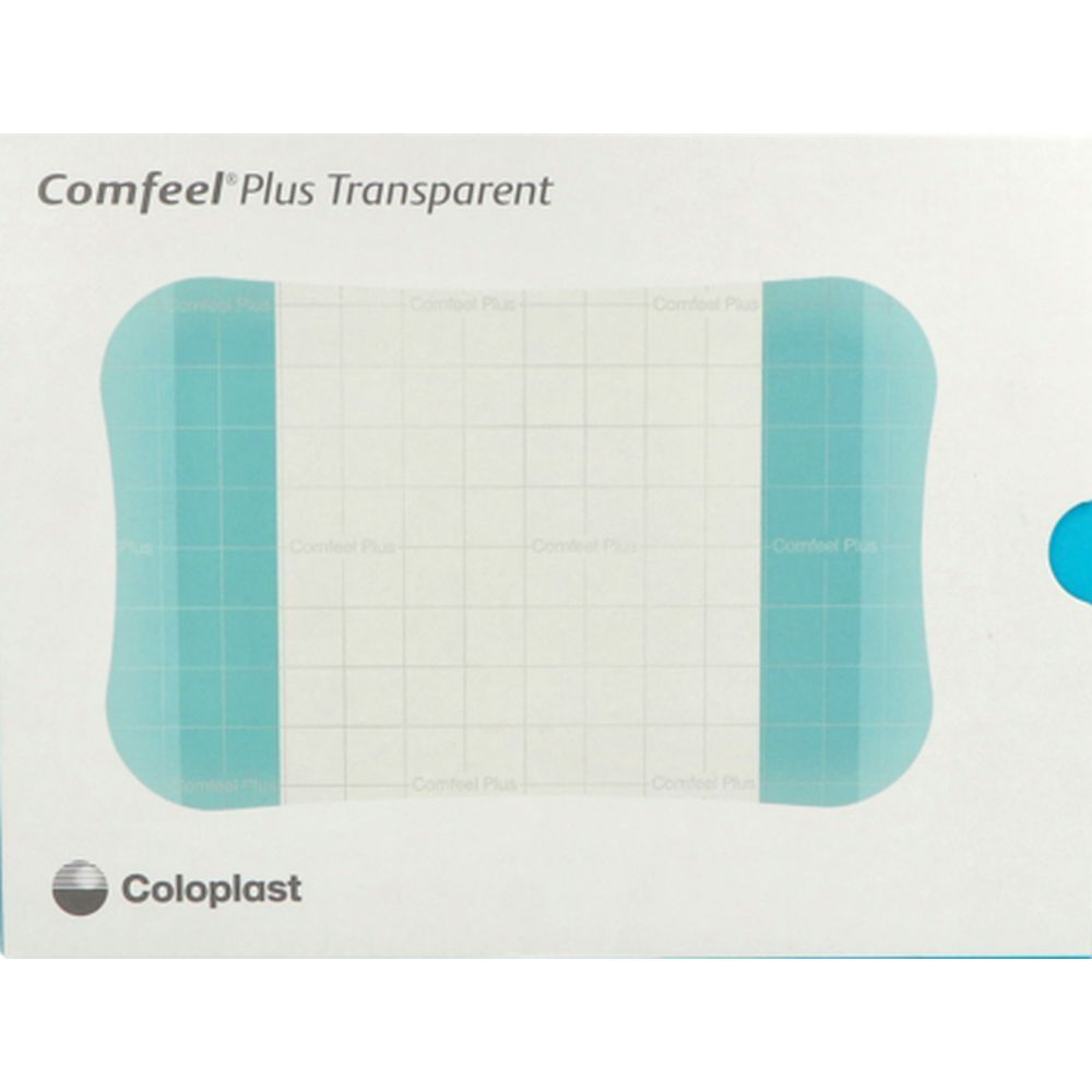 Pansement Comfeel Plus Transparent. Forme rectangulaire aux coins arrondis. Bleu clair et transparent. Marque Coloplast.