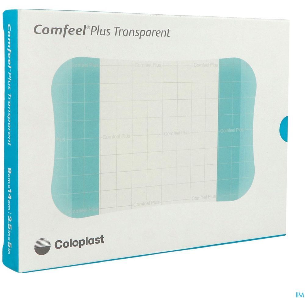 Emballage Comfeel Plus Transparent. Forme rectangulaire avec image du produit. Taille 9x14cm. Marque Coloplast.