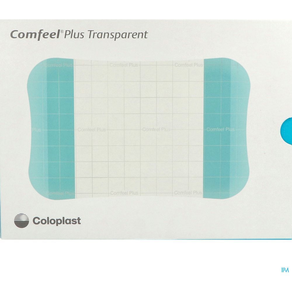 Pansement Comfeel Plus Transparent. Forme rectangulaire aux coins arrondis. Bleu clair et transparent. Marque Coloplast.
