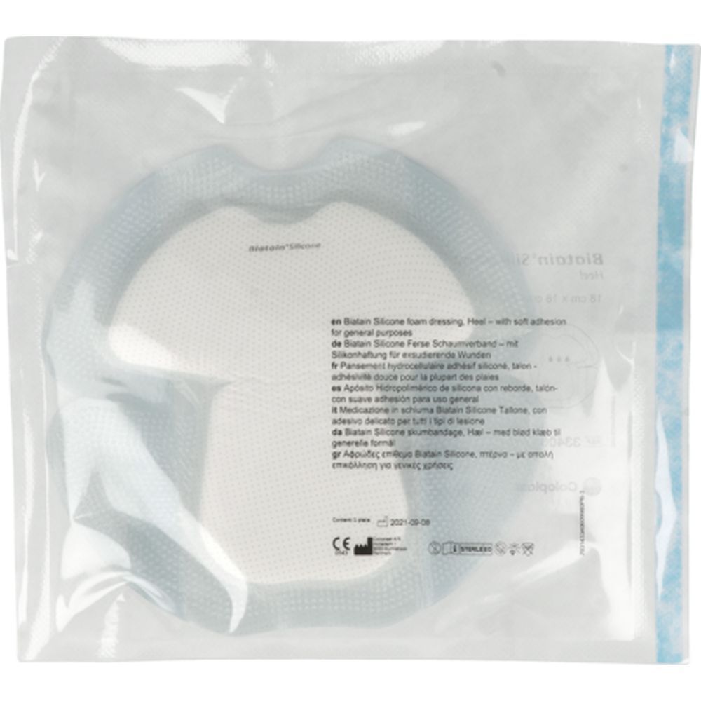 Emballage contenant un pansement Biatain® Silicone pour le talon. Le pansement est visible à l'intérieur.