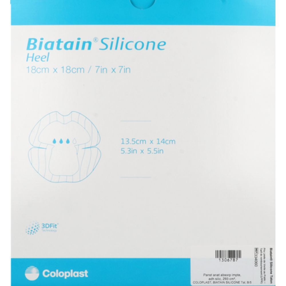 Emballage de pansement Biatain® Silicone pour le talon. Dimensions : 18cm x 18cm. Illustration du pansement.