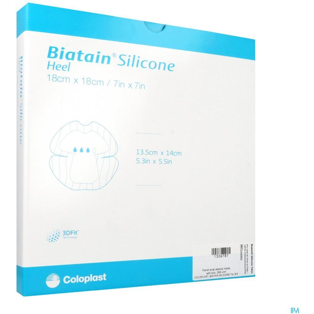 Emballage de pansement Biatain® Silicone pour le talon. Dimensions : 18cm x 18cm. Illustration du pansement.