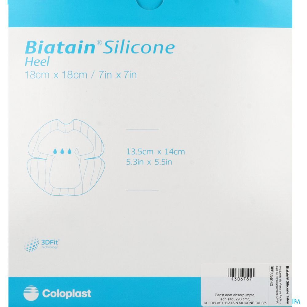 Emballage de pansement Biatain® Silicone pour le talon. Dimensions : 18cm x 18cm. Illustration du pansement.