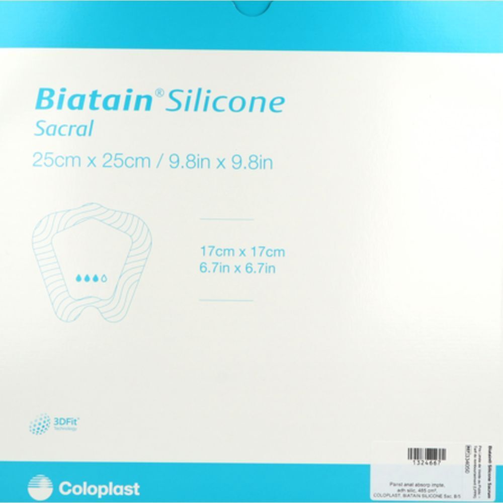 Emballage de Biatain® Silicone Sacrum. Blanc avec texte bleu. Illustration du produit et dimensions.