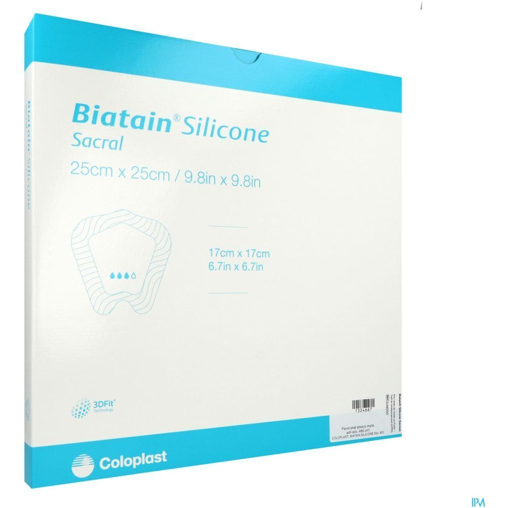 Emballage Biatain® Silicone Sacrum, blanc avec accents bleus. Illustration et dimensions du produit.