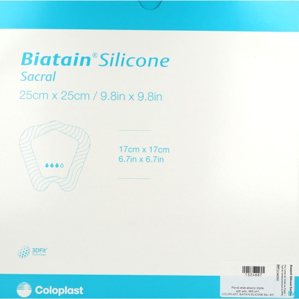 Emballage de Biatain® Silicone Sacrum. Blanc avec texte bleu. Illustration du produit et dimensions.