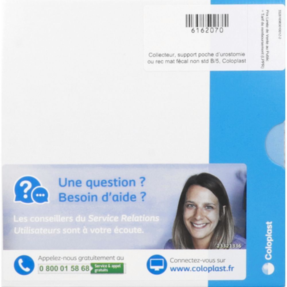 Boîte. Texte: Collector, support poche d'urostomie ou rec mat fécal non std B/5. Coloplast. Logo question, femme souriante.