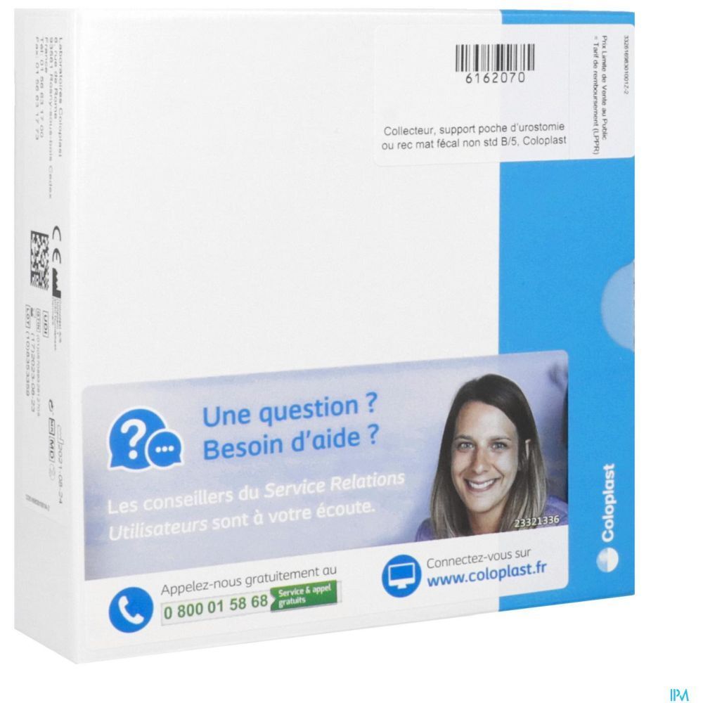 Boîte. Texte: Collector, support poche d'urostomie ou rec mat fécal non std B/5. Coloplast. Logo question, femme souriante.