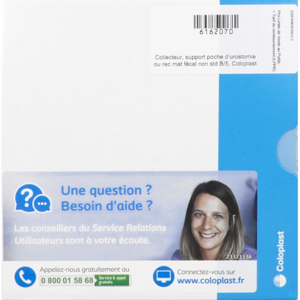 Boîte. Texte: Collector, support poche d'urostomie ou rec mat fécal non std B/5. Coloplast. Logo question, femme souriante.
