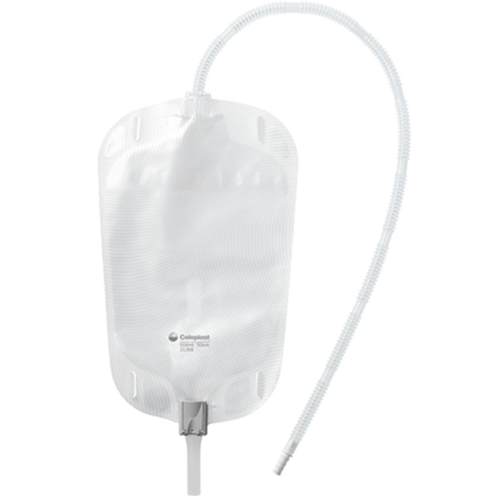 Poche à urine transparente avec tube et connecteur. Marque Coloplast.