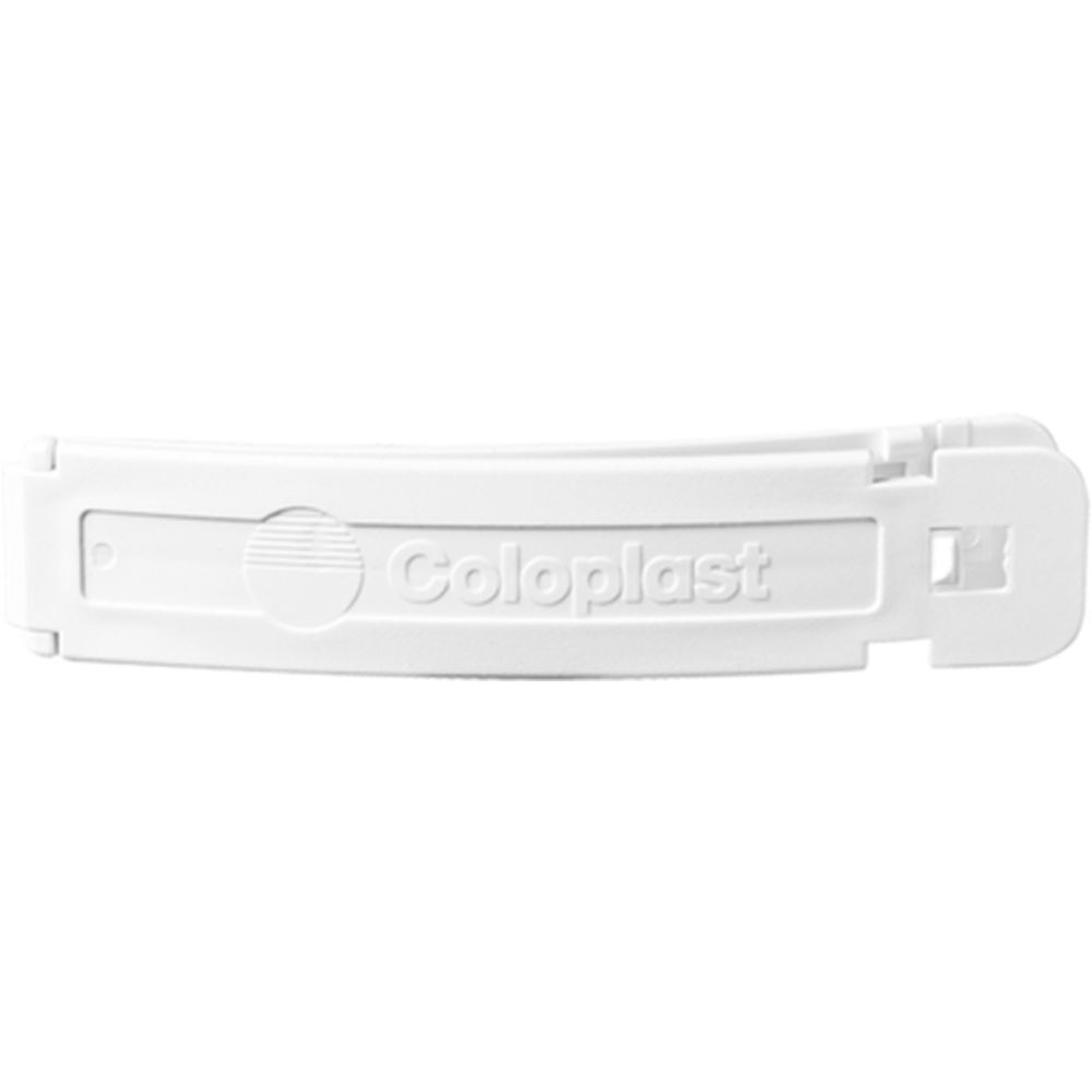 Clip de fermeture blanc avec logo Coloplast.