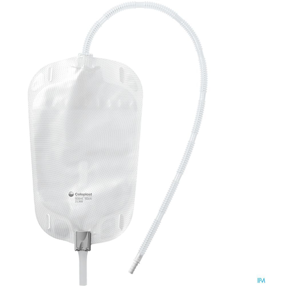 Poche à urine transparente avec tube et connecteur. Marque Coloplast.