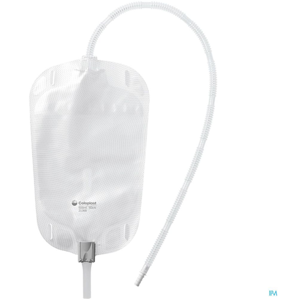 Poche à urine transparente avec tube et connecteur. Marque Coloplast.