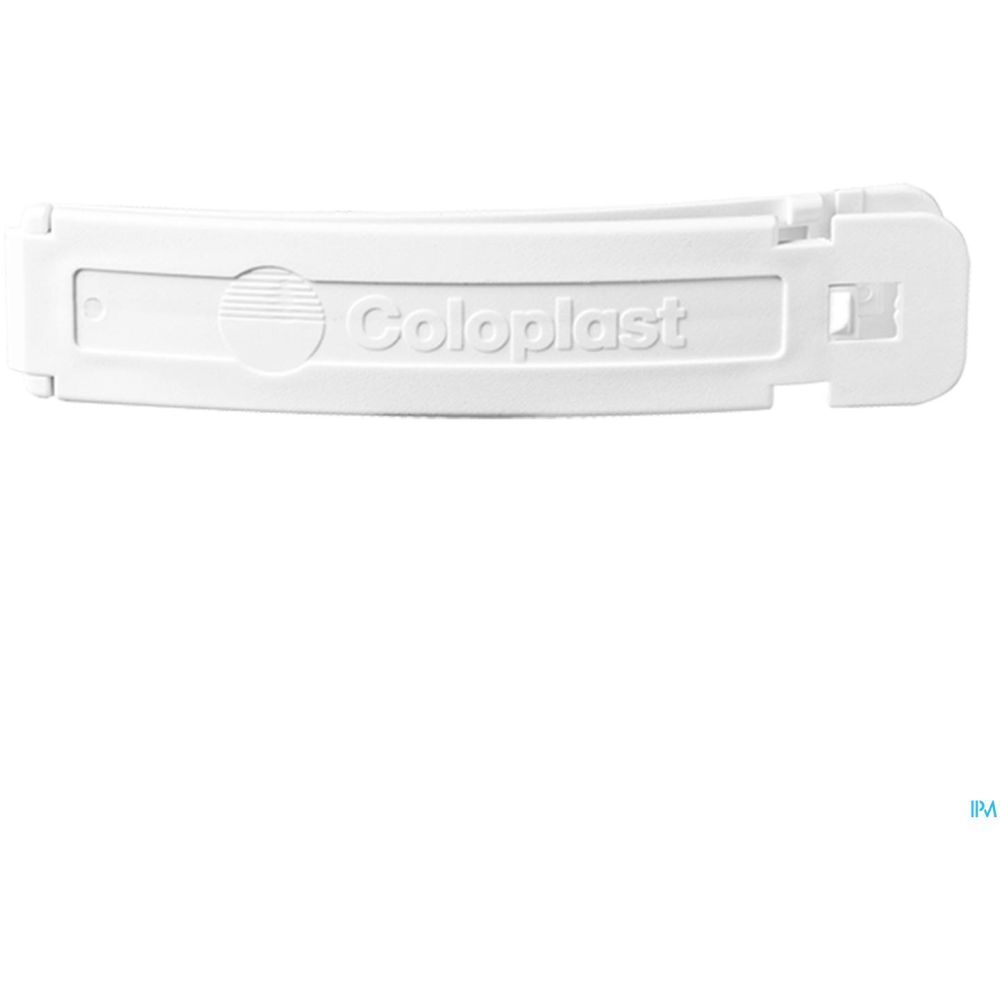Clip de fermeture blanc avec logo Coloplast.