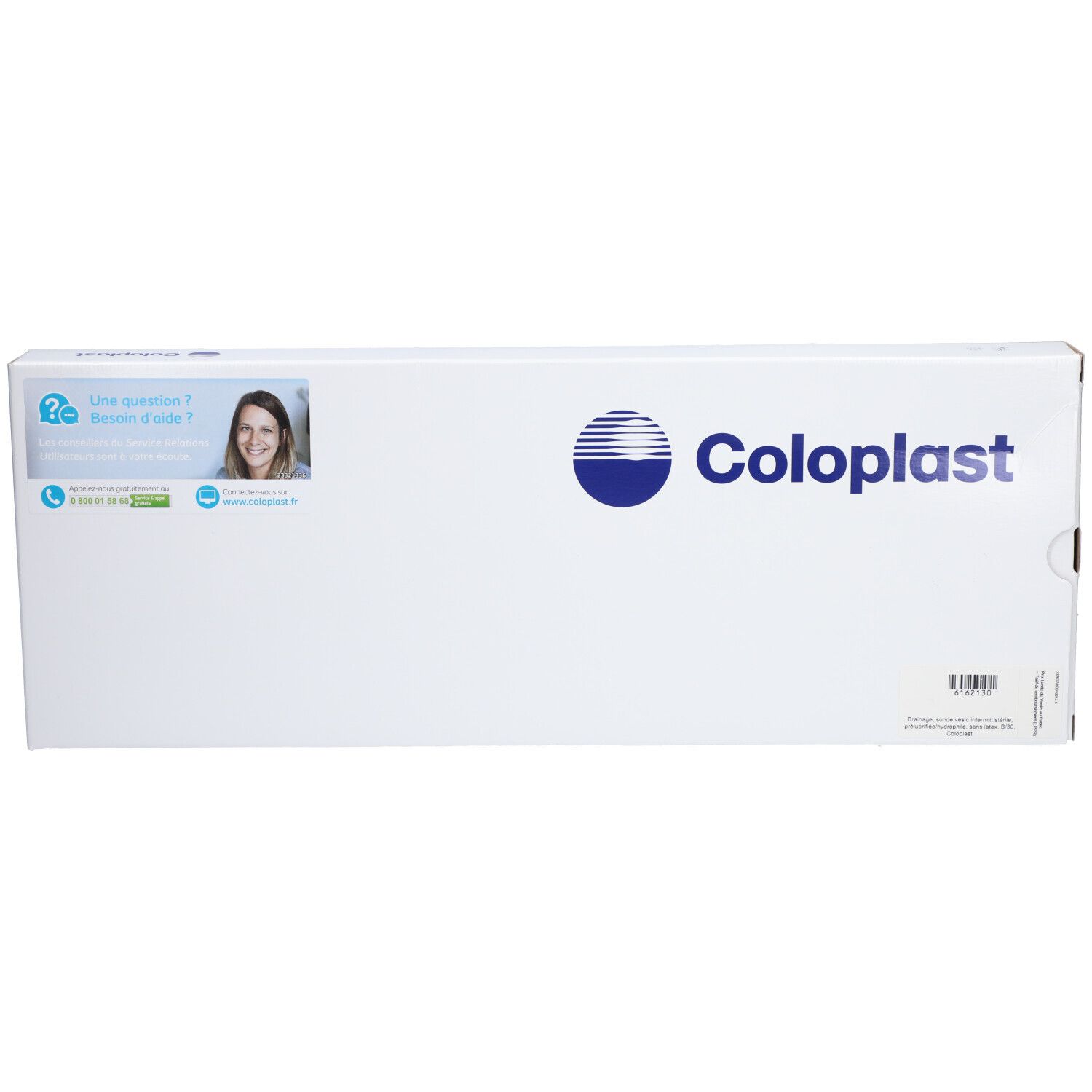 Boîte blanche Coloplast. Logo et texte Coloplast bleus. Autocollant avec question et femme.