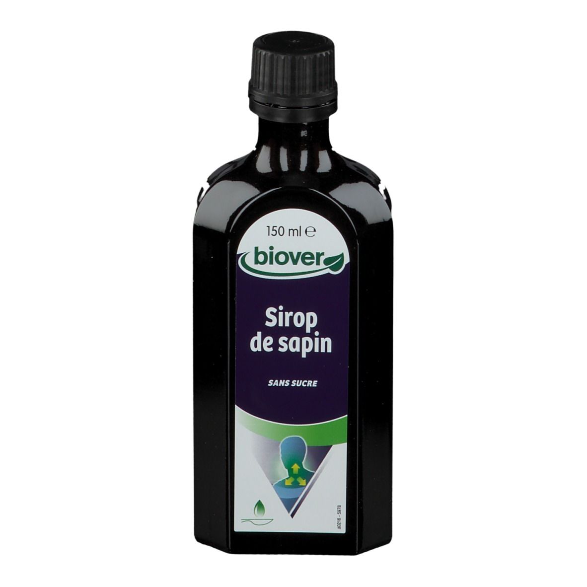 Flacon noir avec bouchon noir. Étiquette avec "biover", "Sirop de sapin sans sucre".