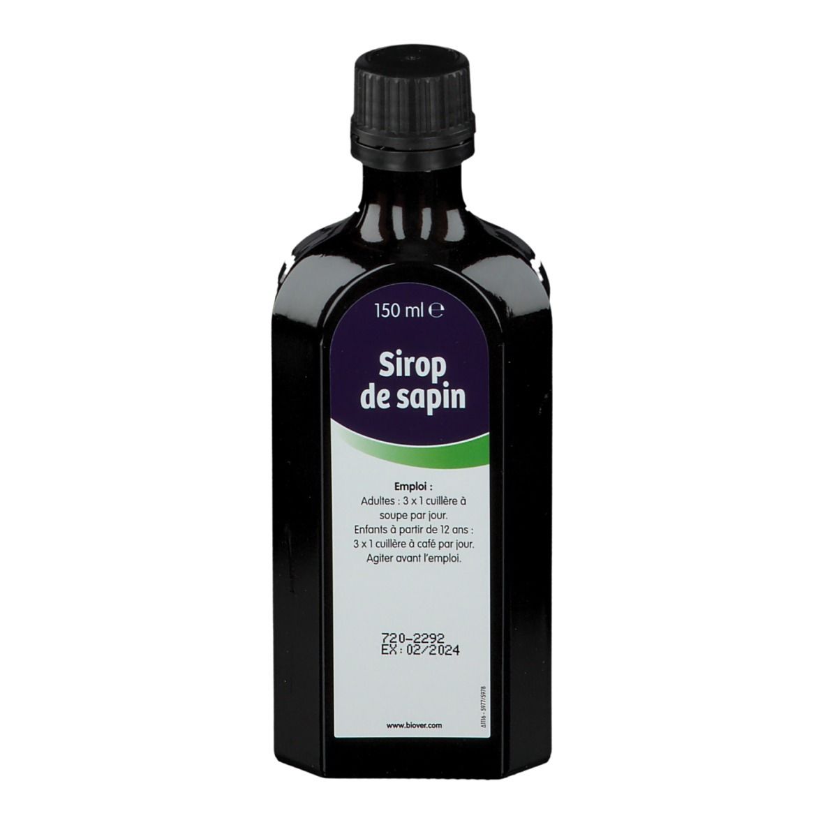 Flacon noir avec bouchon noir. Étiquette avec "biover", "Sirop de sapin" et informations de dosage.