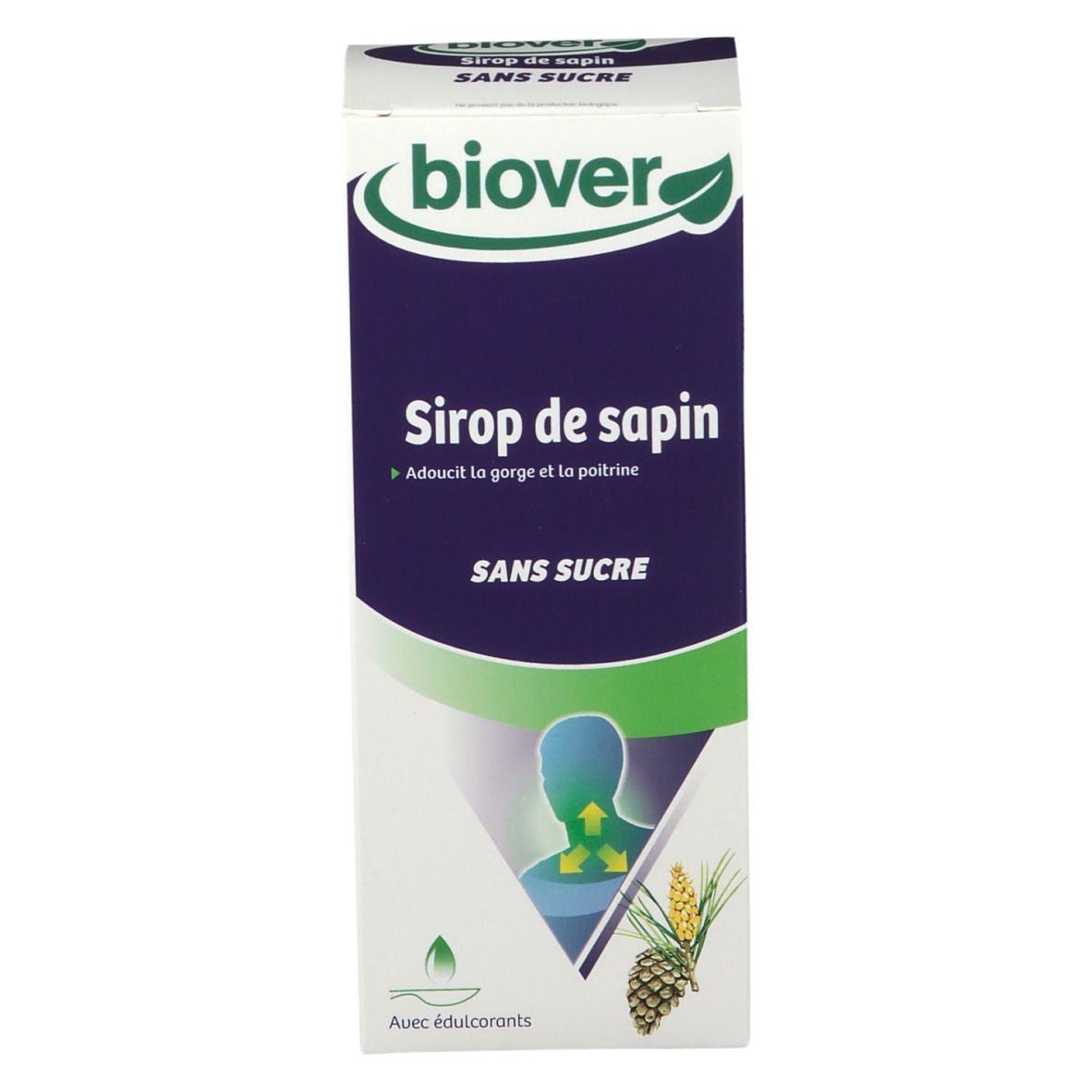Emballage carton avec "biover", "Sirop de sapin sans sucre". Illustration d'une personne.