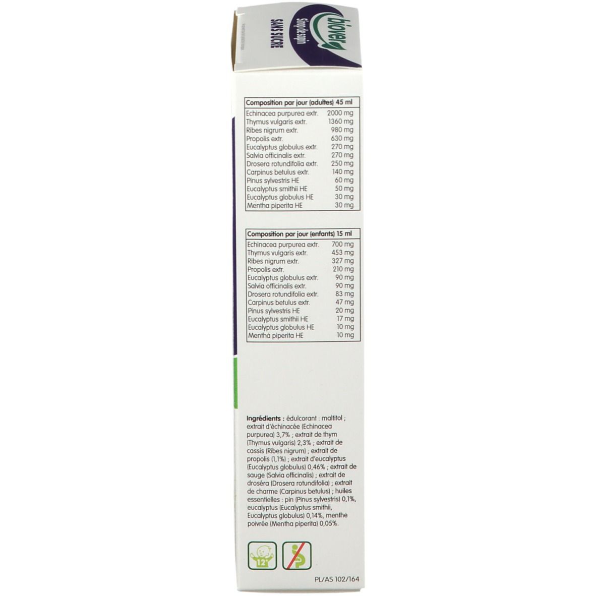 Dos de l'emballage carton. Liste des ingrédients et informations nutritionnelles.