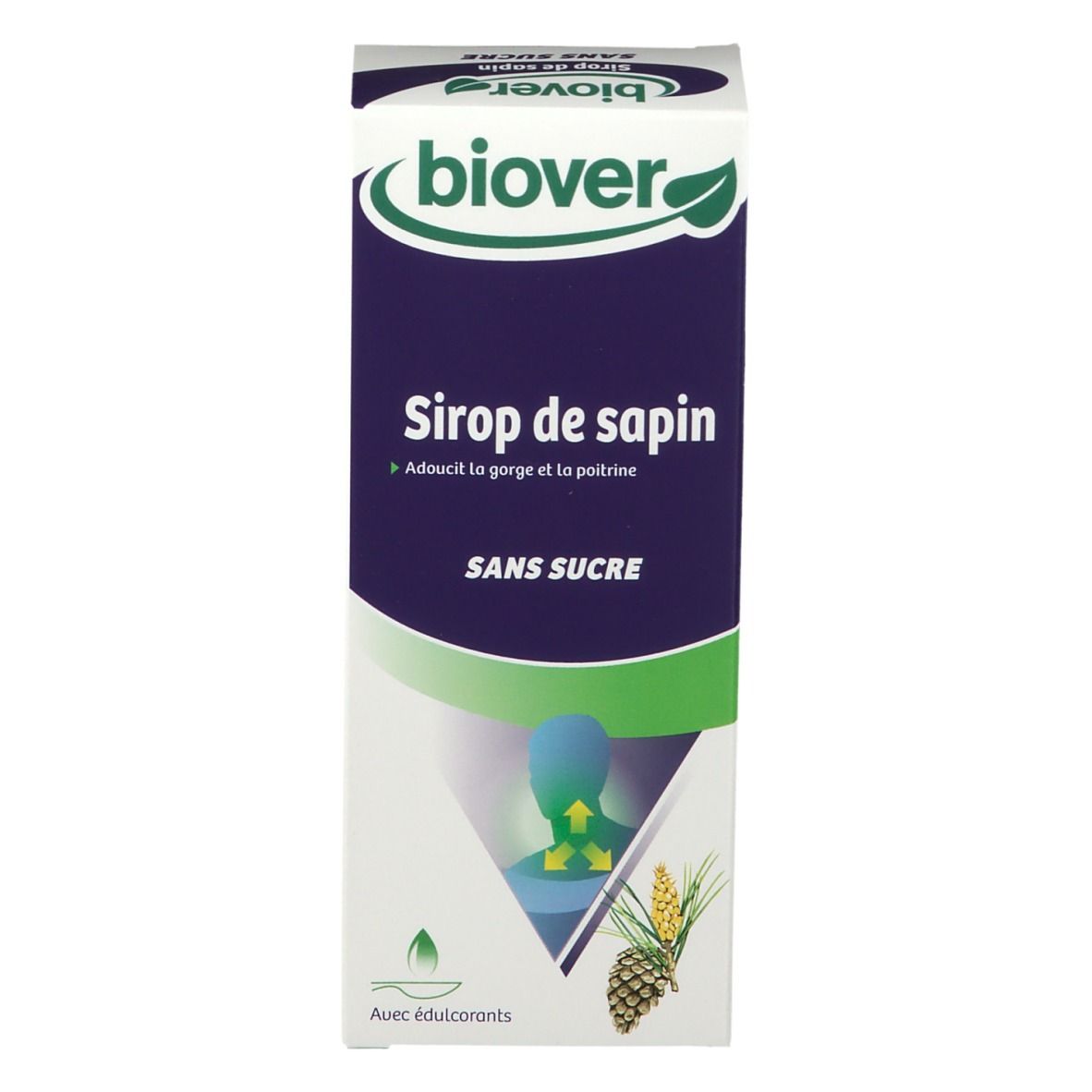 Emballage carton avec "biover", "Sirop de sapin sans sucre". Illustration d'une personne.