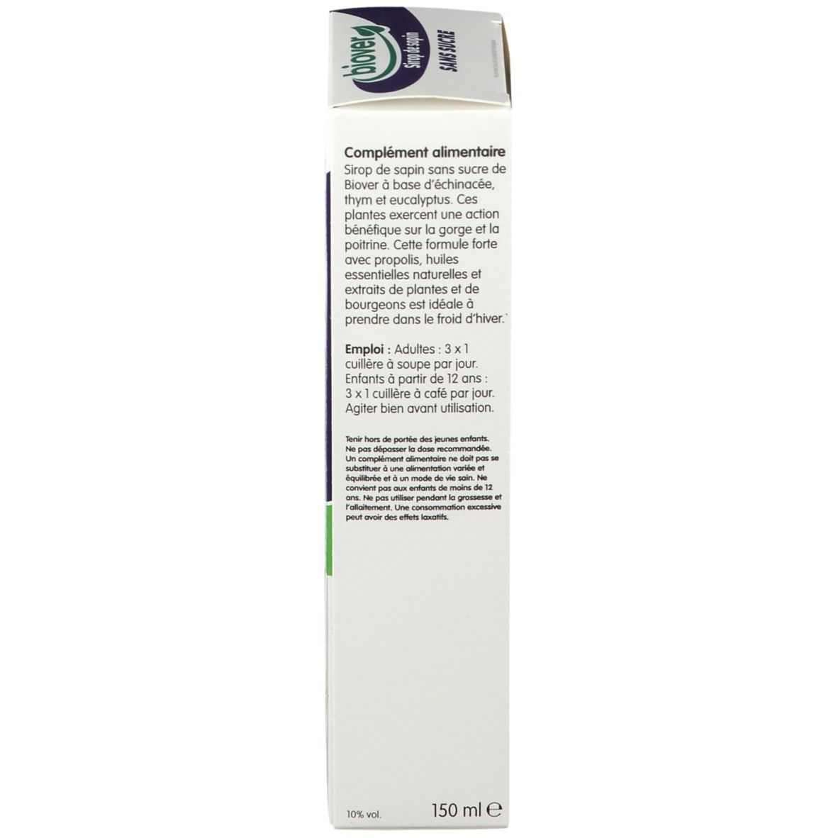 Côté de l'emballage carton. Texte avec informations produit et instructions de dosage.