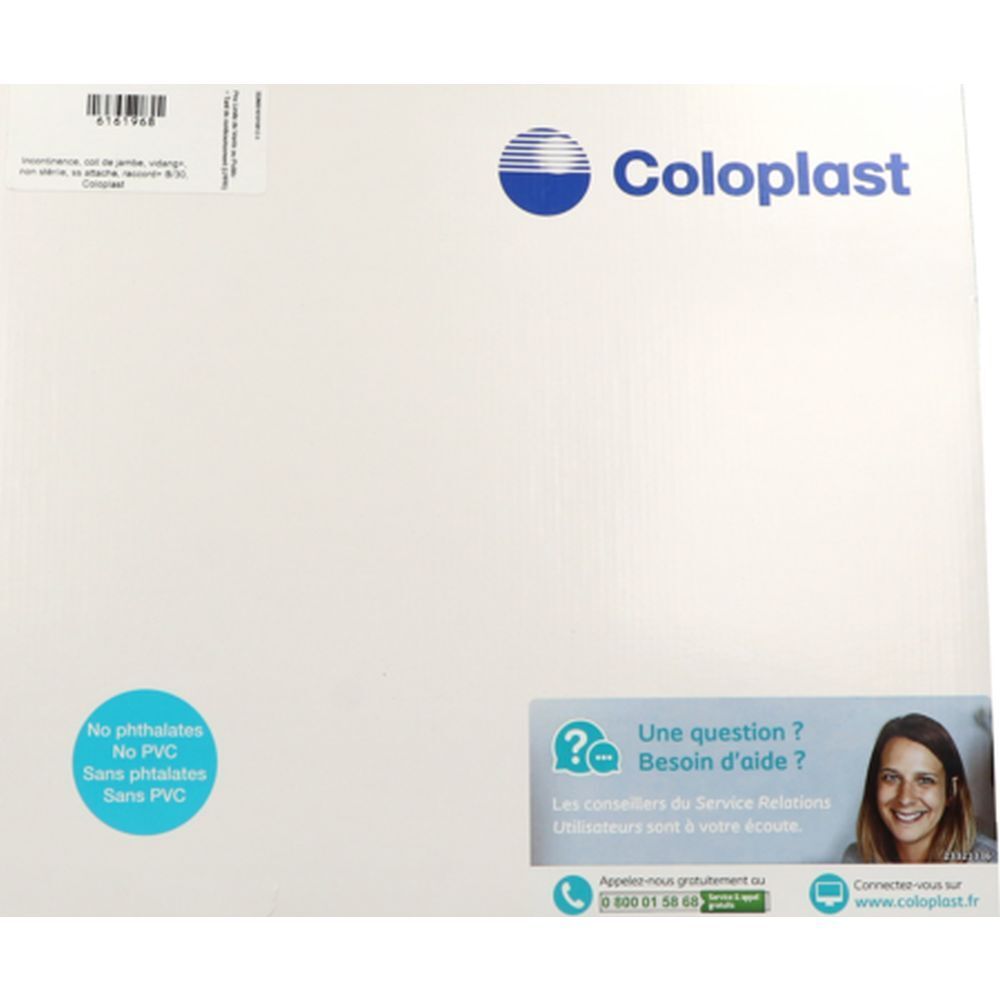 Emballage blanc avec logo Coloplast. Autocollants avec texte et coordonnées. Autocollant bleu rond avec texte.