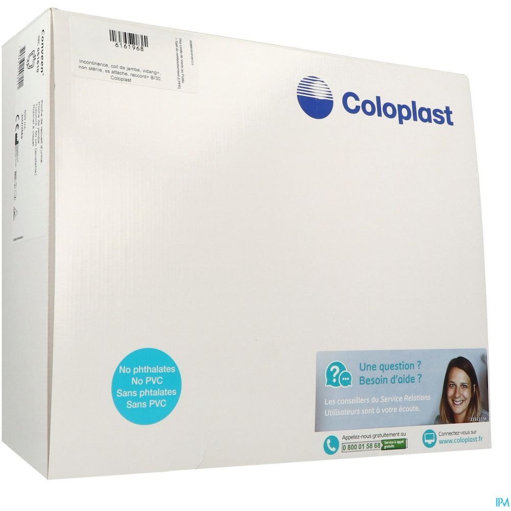 Emballage rectangulaire blanc avec logo Coloplast. Autocollants avec texte et coordonnées. Autocollant bleu rond avec texte.