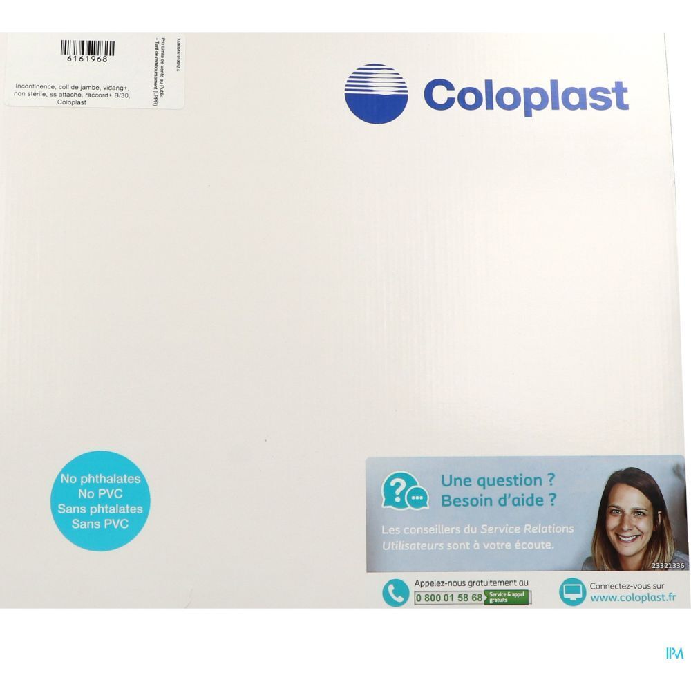 Emballage blanc avec logo Coloplast. Autocollants avec texte et coordonnées. Autocollant bleu rond avec texte.