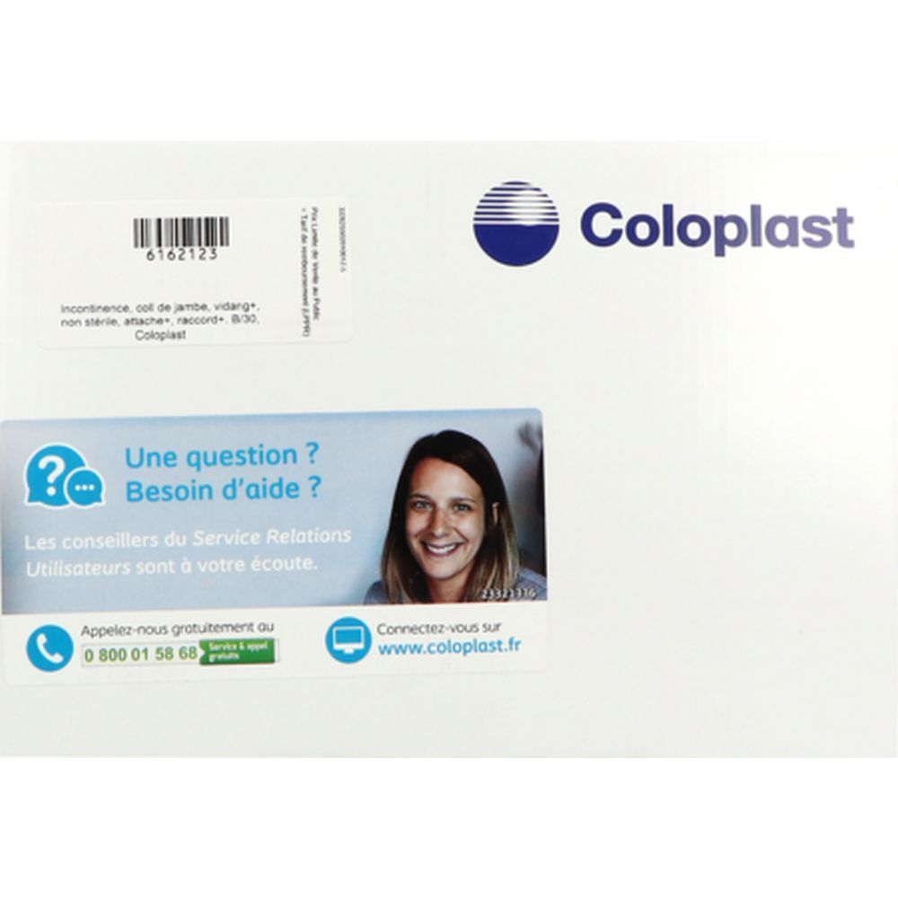 Feuille blanche avec logo Coloplast et informations de contact. Contient des informations sur le produit et une section questions-réponses.